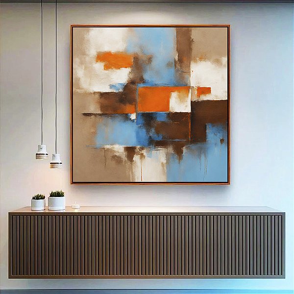 Quadro Quadrado Abstrato Efeito Pintura Cores Marrom Laranja Azul Canvas Moldura