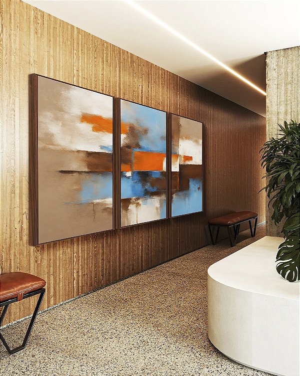 Trio de Quadros Abstrato Efeito Pintura Cores Marrom Laranja Azul Canvas Moldura