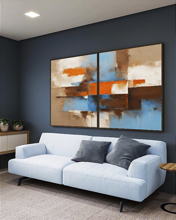 Duo de Quadros Abstrato Efeito Pintura Cores Marrom Laranja Azul Canvas Moldura