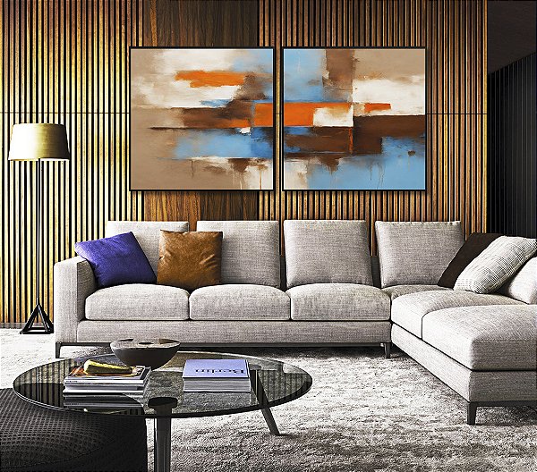 Duo de Quadros Quadrados Abstrato Efeito Pintura Cores Marrom Laranja Azul Canvas Moldura
