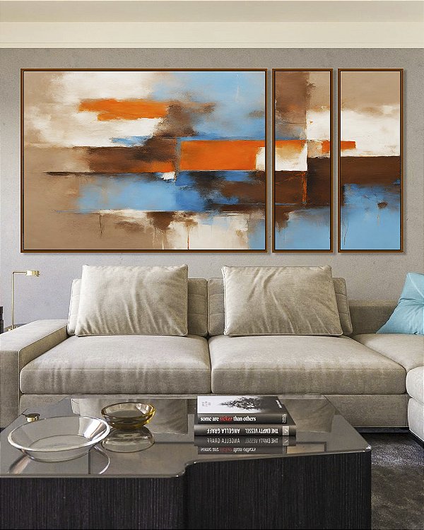 Trio de Quadros Estilizados Abstrato Efeito Pintura Cores Marrom Laranja Azul Canvas Moldura