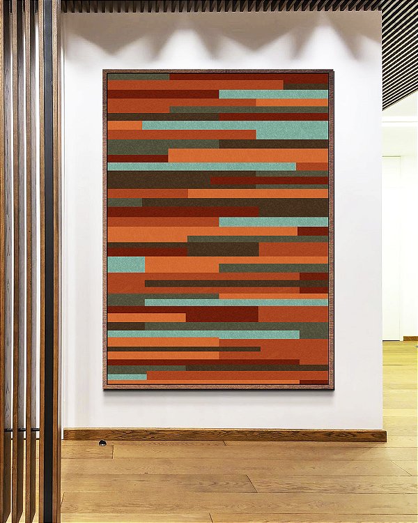 Quadro Vertical Abstrato Mosaico Listras Laranja Verde Turquesa Arte Canvas Moldura