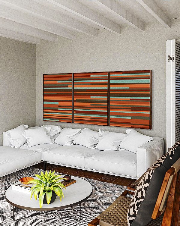 Trio de Quadros Abstrato Mosaico Listras Laranja Verde Turquesa Arte Canvas Moldura