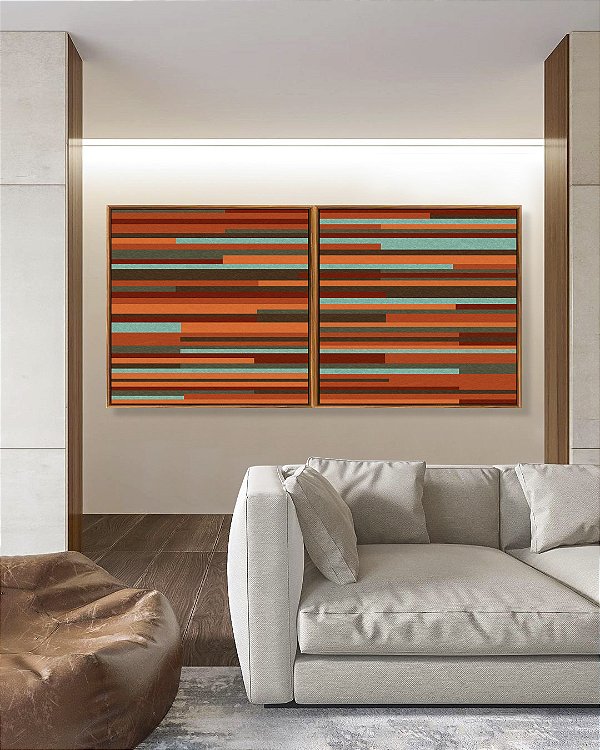 Duo de Quadros Quadrados Abstrato Mosaico Listras Laranja Verde Turquesa Arte Canvas Moldura