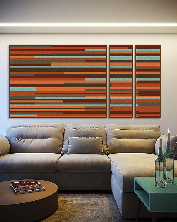 Trio de Quadros Estilizados Abstrato Mosaico Listras Laranja Verde Turquesa Arte Canvas Moldura