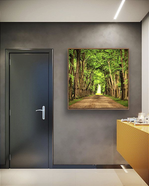 Quadro Quadrado Estrada com Natureza Floresta Árvores Folhas Verdes Arte Canvas Moldura