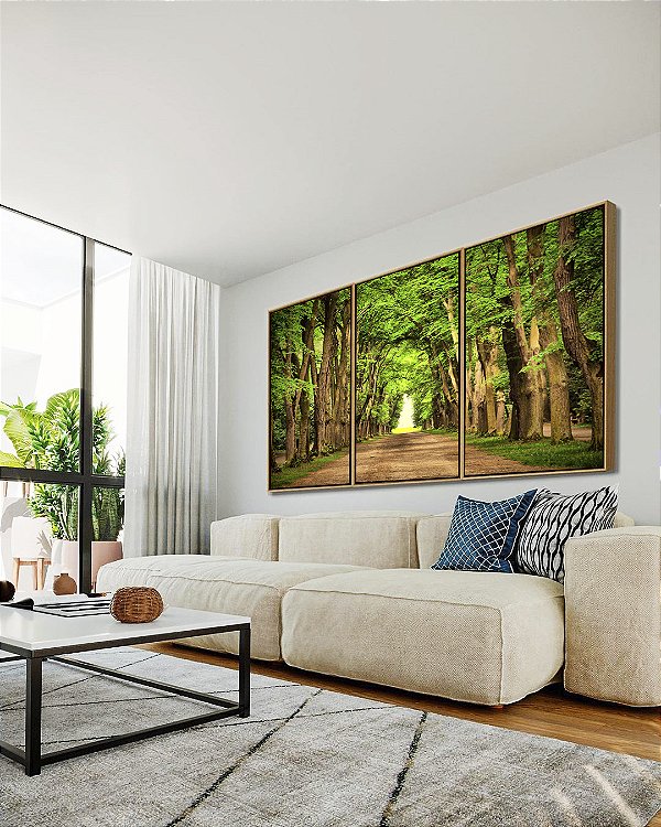 Trio de Quadros Estrada com Natureza Floresta Árvores Folhas Verdes Arte Canvas Moldura