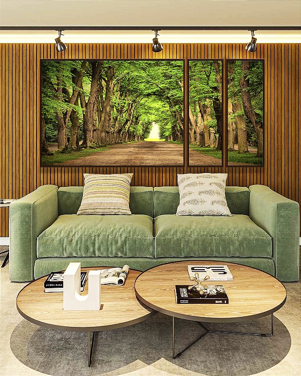 Trio de Quadros Estilizados Estrada com Natureza Floresta Árvores Folhas Verdes Arte Canvas Moldura