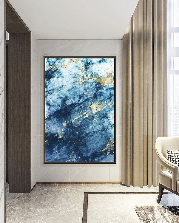 Quadro Vertical Abstrato Azul Dourado efeito Mármore Arte Canvas Moldura