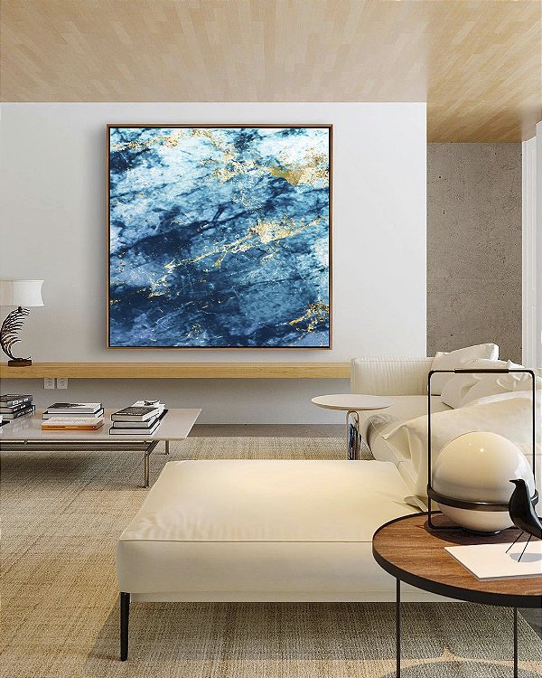 Quadro Quadrado Abstrato Azul Dourado efeito Mármore Arte Canvas Moldura