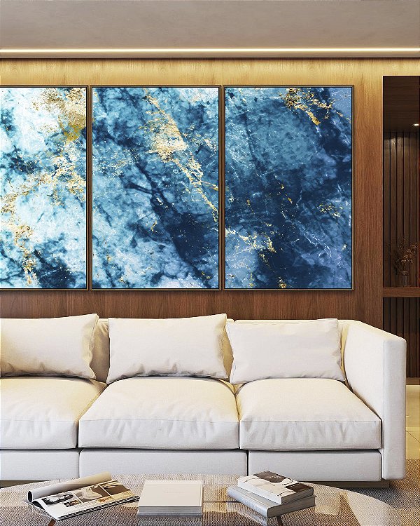 Trio de Quadros Abstrato Azul Dourado efeito Mármore Arte Canvas Moldura