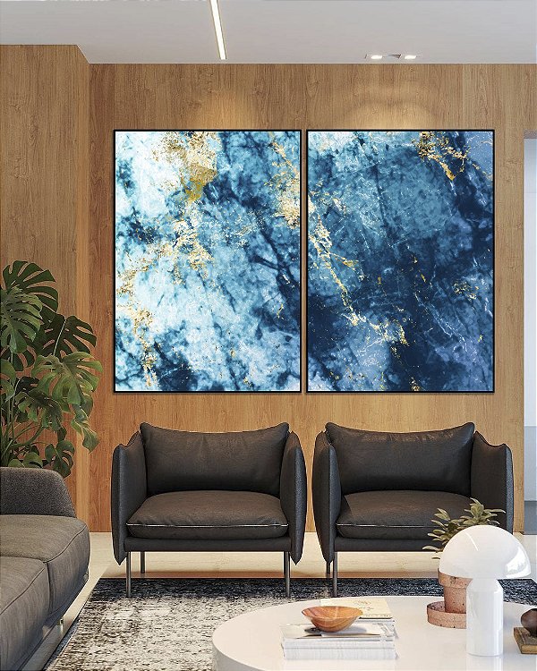 Duo de Quadros Abstrato Azul Dourado efeito Mármore Arte Canvas Moldura