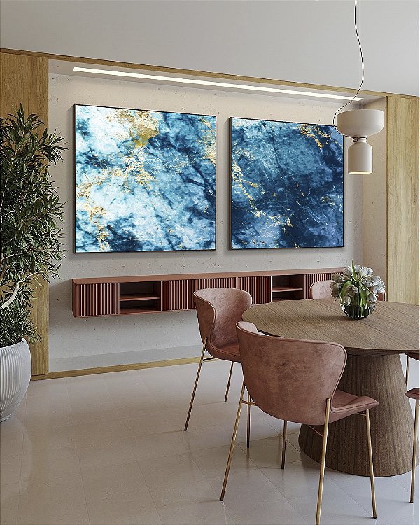 Duo de Quadros Quadrados Abstrato Azul Dourado efeito Mármore Arte Canvas Moldura