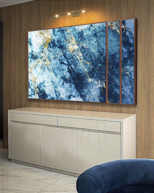 Trio de Quadros Estilizados Abstrato Azul Dourado efeito Mármore Arte Canvas Moldura