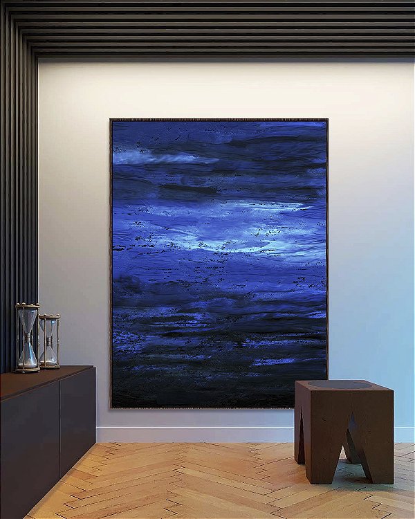Quadro Vertical Abstrato tons de Azul Efeito Pintura Arte Canvas Moldura