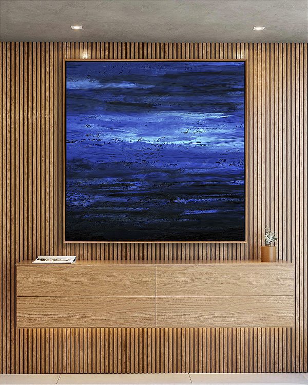 Quadro Quadrado Abstrato tons de Azul Efeito Pintura Arte Canvas Moldura