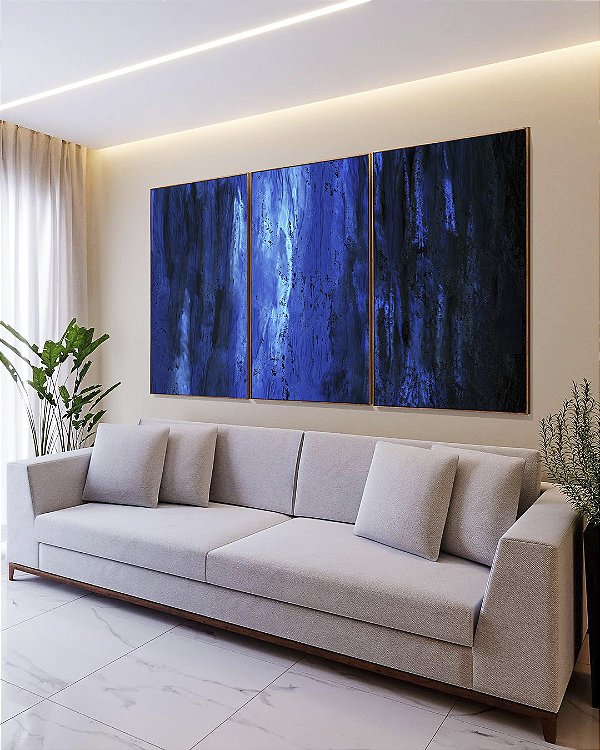 Trio de Quadros Abstrato tons de Azul Efeito Pintura Arte Canvas Moldura
