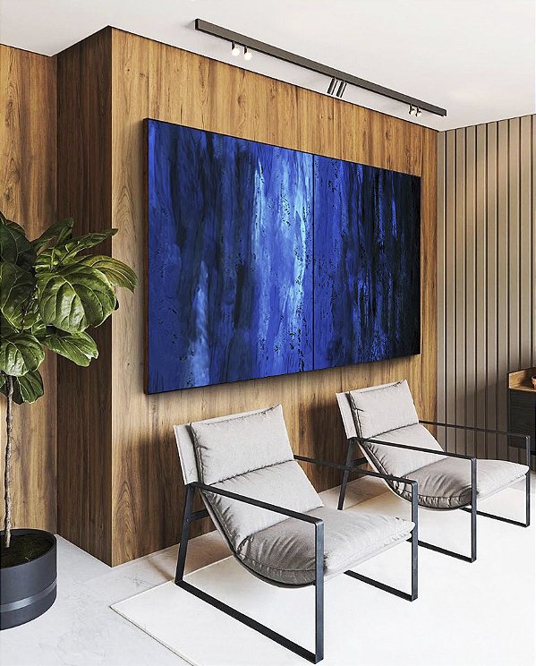 Duo de Quadros Abstrato tons de Azul Efeito Pintura Arte Canvas Moldura