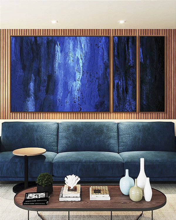 Trio de Quadros Estilizados Abstrato tons de Azul Efeito Pintura Arte Canvas Moldura