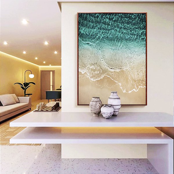 Quadro Vertical Mar de Águas Cor Turquesa e Areia Clara Natureza Canvas Moldura