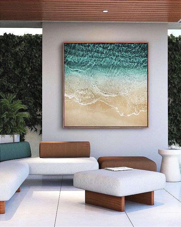 Quadro Quadrado Mar de Águas Cor Turquesa e Areia Clara Natureza Canvas Moldura