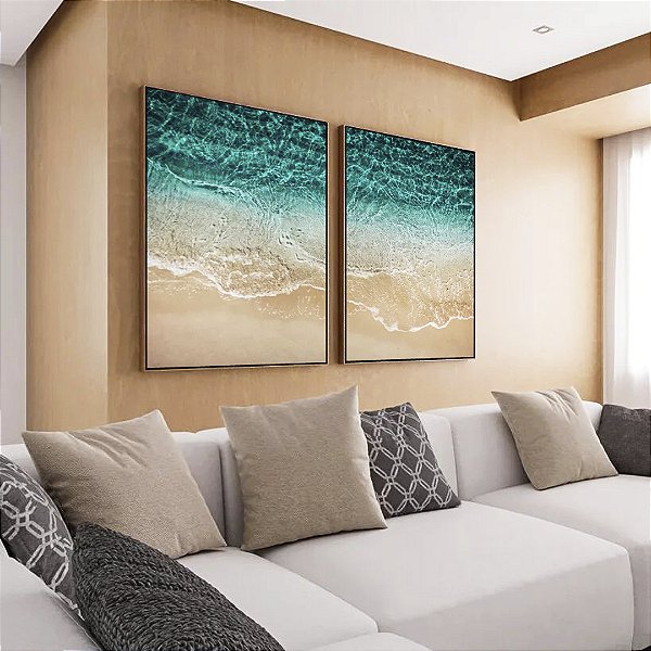 Duo de Quadros Mar de Águas Cor Turquesa e Areia Clara Natureza Canvas Moldura