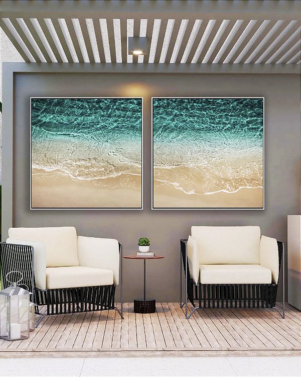 Duo de Quadros Quadrados Mar de Águas Cor Turquesa e Areia Clara Natureza Canvas Moldura