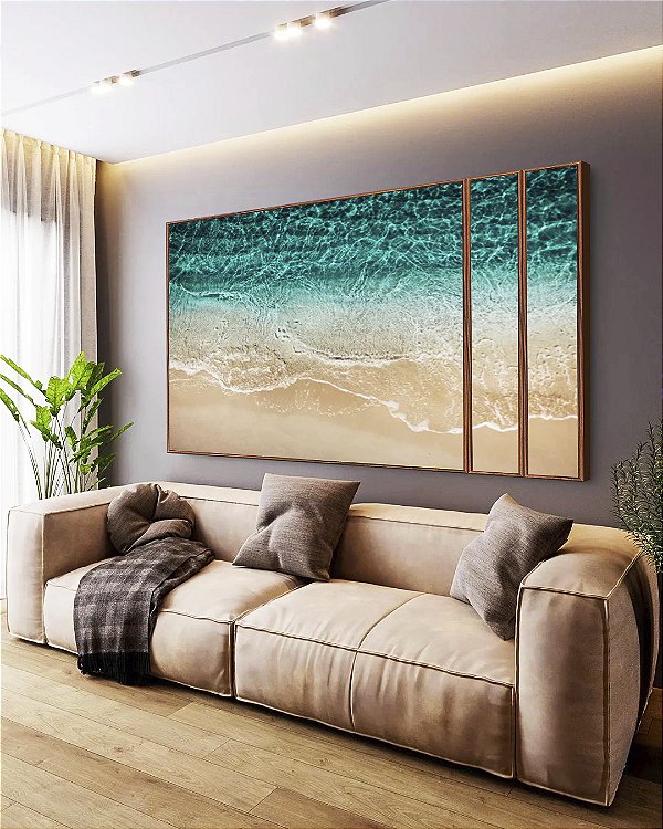 Trio de Quadros Estilizados Mar de Águas Cor Turquesa e Areia Clara Natureza Canvas Moldura