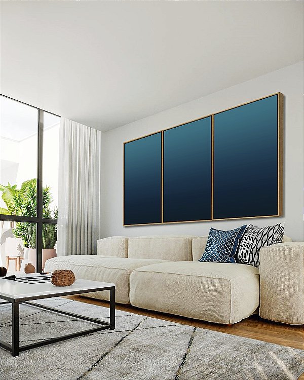 Trio de Quadros Abstrato Degradê Azul Turquesa Arte Canvas Moldura