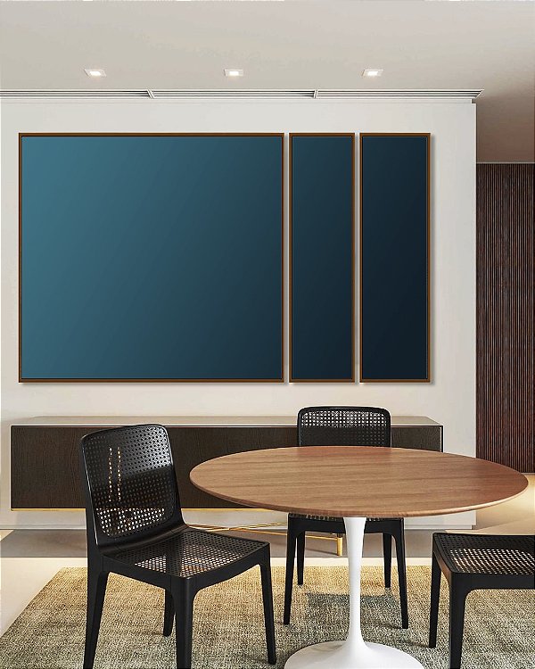 Trio de Quadros Estilizados Abstrato Degradê Azul Turquesa Arte Canvas Moldura