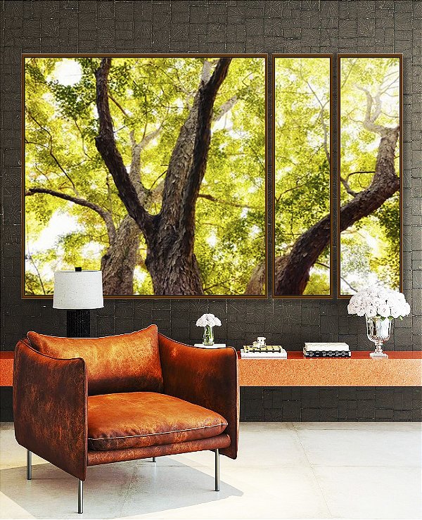 Trio de Quadros Estilizados Floresta Árvores Folhas Verdes e Claridade do Sol Arte Canvas Moldura
