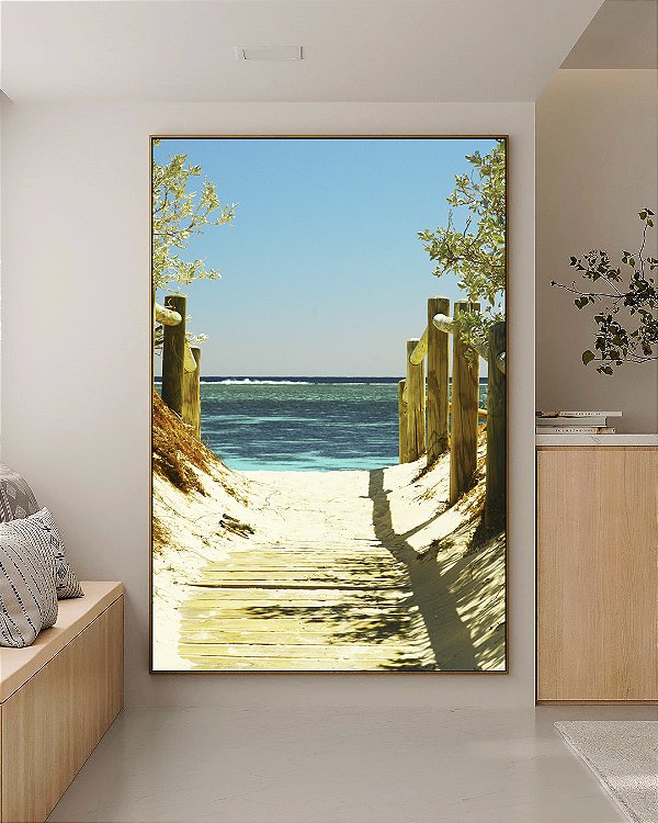 Quadro Vertical Estrada Mar Águas Azuis Areia Clara Arte Canvas Moldura
