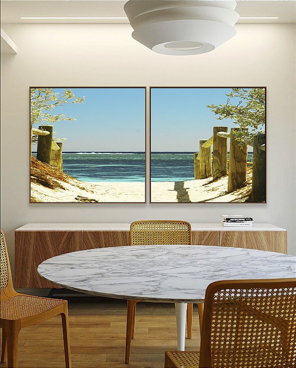 Duo de Quadros Quadrados Estrada Mar Águas Azuis Areia Clara Arte Canvas Moldura