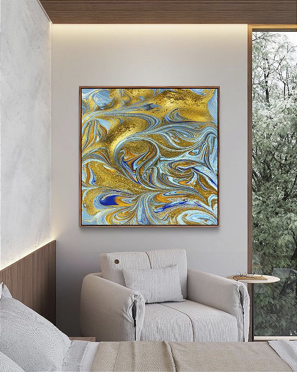 Quadro Quadrado Abstrato Turquesa Dourado Arte Fluida Canvas Moldura