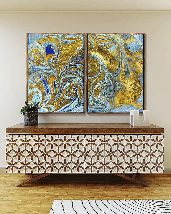 Duo de Quadros Abstrato Turquesa Dourado Arte Fluida Canvas Moldura