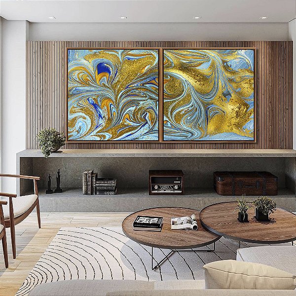 Duo de Quadros Quadrados Abstrato Turquesa Dourado Arte Fluida Canvas Moldura