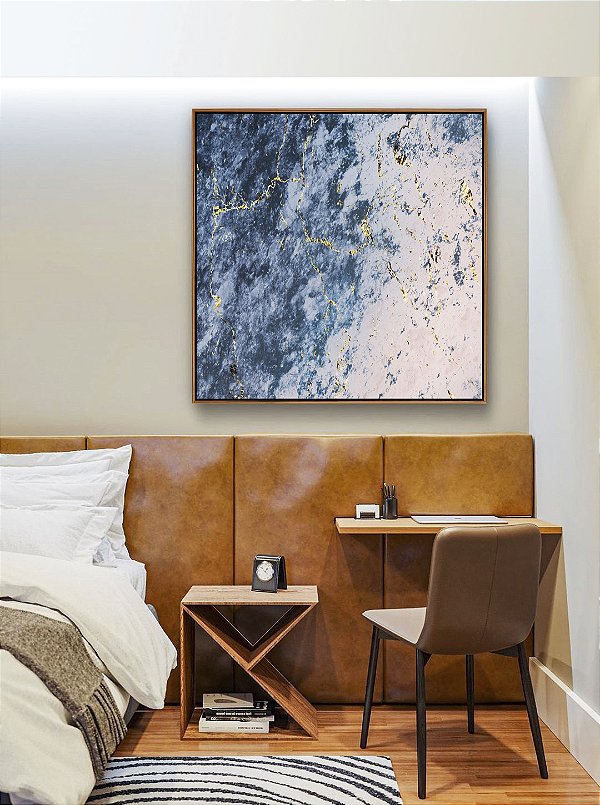 Quadro Quadrado Abstrato Azul Rosa Dourado Efeito Mármore Canvas Moldura