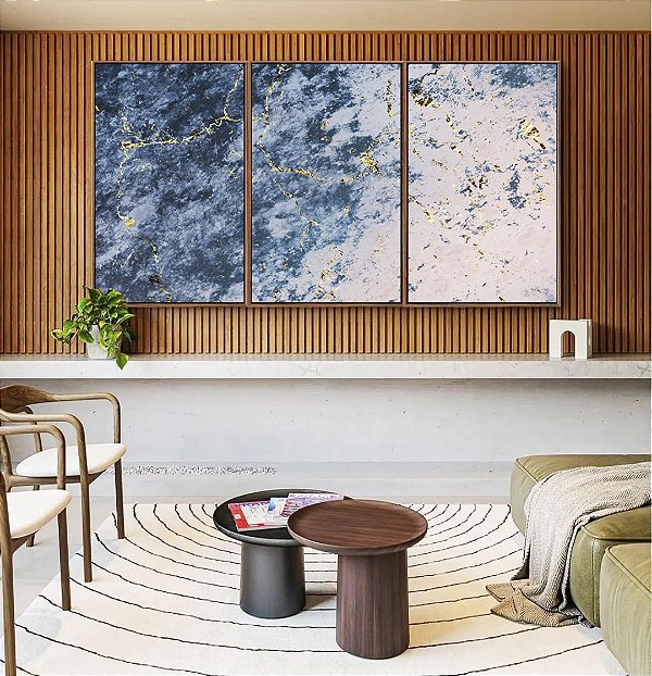 Trio de Quadros Abstrato Azul Rosa Dourado Efeito Mármore Canvas Moldura