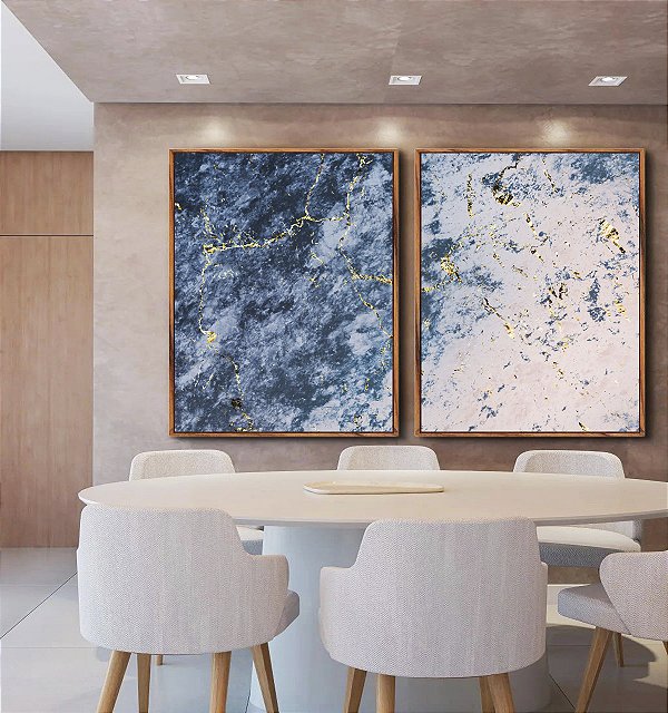 Duo de Quadros Abstrato Azul Rosa Dourado Efeito Mármore Canvas Moldura