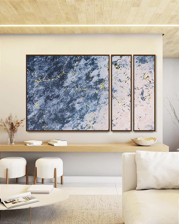 Trio de Quadros Estilizados Abstrato Azul Rosa Dourado Efeito Mármore Canvas Moldura