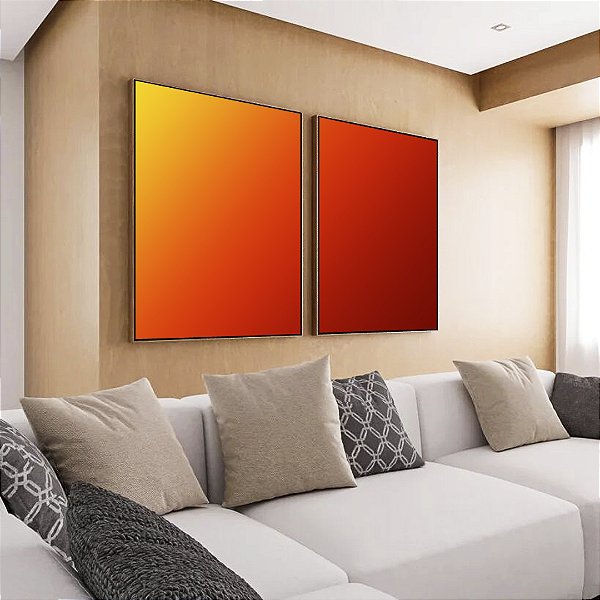 Duo de Quadros Abstrato Degradê Cores Amarelo Laranja Arte Canvas Moldura