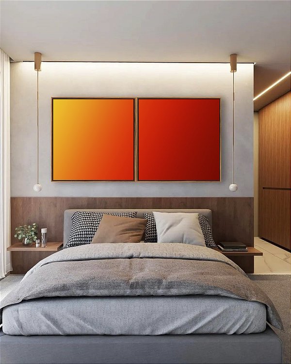 Duo de Quadros Quadrados Abstrato Degradê Cores Amarelo Laranja Arte Canvas Moldura
