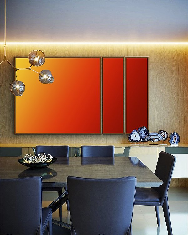 Trio de Quadros Estilizados Abstrato Degradê Cores Amarelo Laranja Arte Canvas Moldura