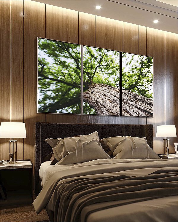 Trio de Quadros Árvore Folhas Verdes Trono Céu Claro Canvas Moldura