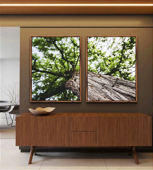 Duo de Quadros Árvore Folhas Verdes Trono Céu Claro Canvas Moldura