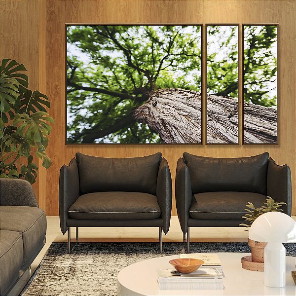 Trio de Quadros Estilizados Árvore Folhas Verdes Trono Céu Claro Canvas Moldura