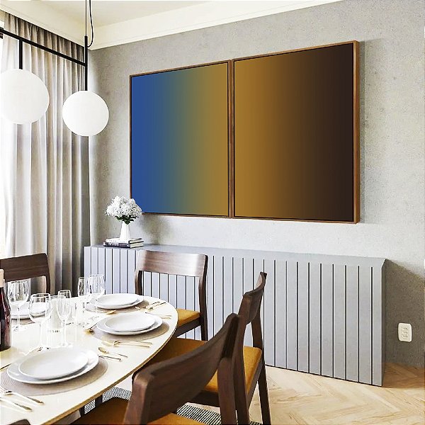 Duo de Quadros Abstrato Degradê Azul Ocre Marrom Arte Canvas Moldura
