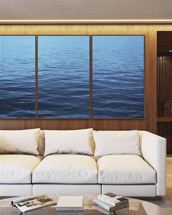 Trio de Quadros Mar Alto Oceano Azul Vivo Natureza Arte Canvas Moldura