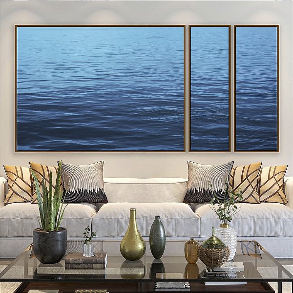 Trio de Quadros Estilizados Mar Alto Oceano Azul Vivo Natureza Arte Canvas Moldura