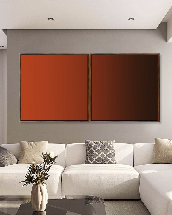 Duo de Quadros Quadrados Abstrato Degradê Laranja Telha Marrom Arte Canvas Moldura